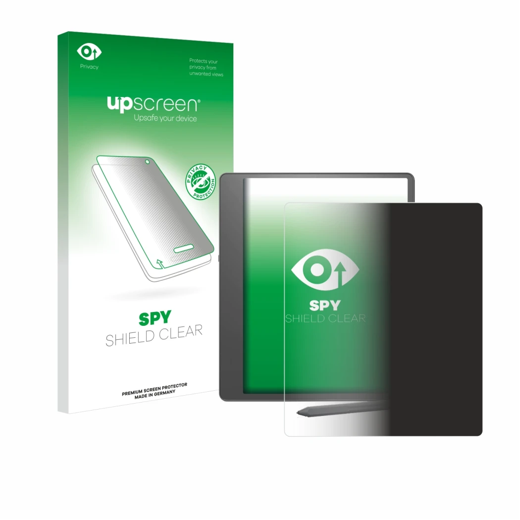 Vorderseite einer Produktverpackung mit dem Markenlogo upscreen. Daneben ist das Gerät Amazon Kindle Scribe 2024 mit dem zugeh