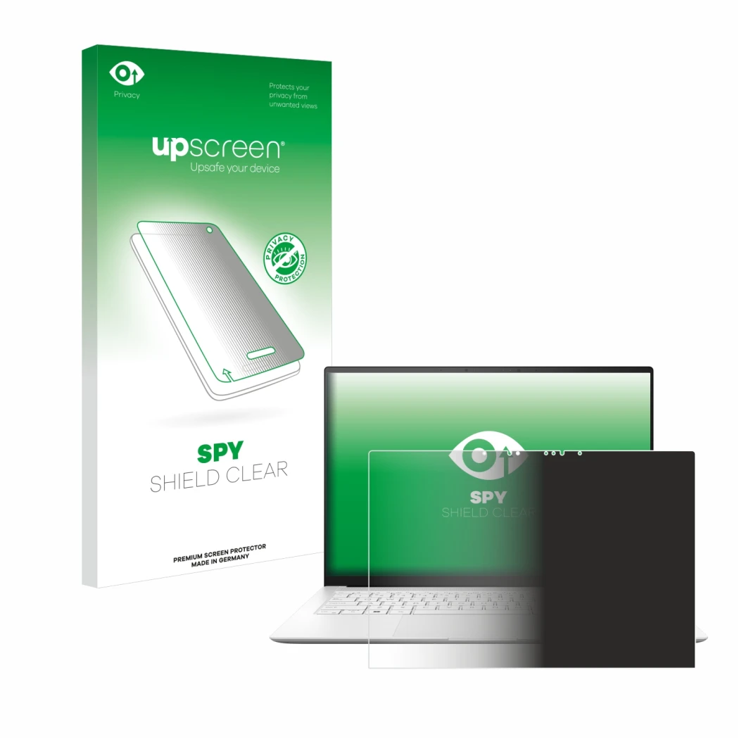 Vorderseite einer Produktverpackung mit dem Markenlogo upscreen. Daneben ist das Gerät ASUS ZenBook S 14 UX5406 mit dem zugehö