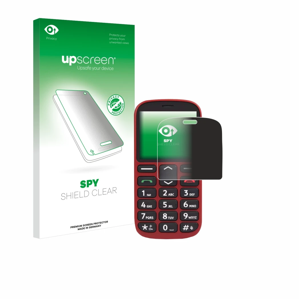 Vorderseite einer Produktverpackung mit dem Markenlogo upscreen. Daneben ist das Gerät Doro 1360 mit dem zugehörigen Displaysc