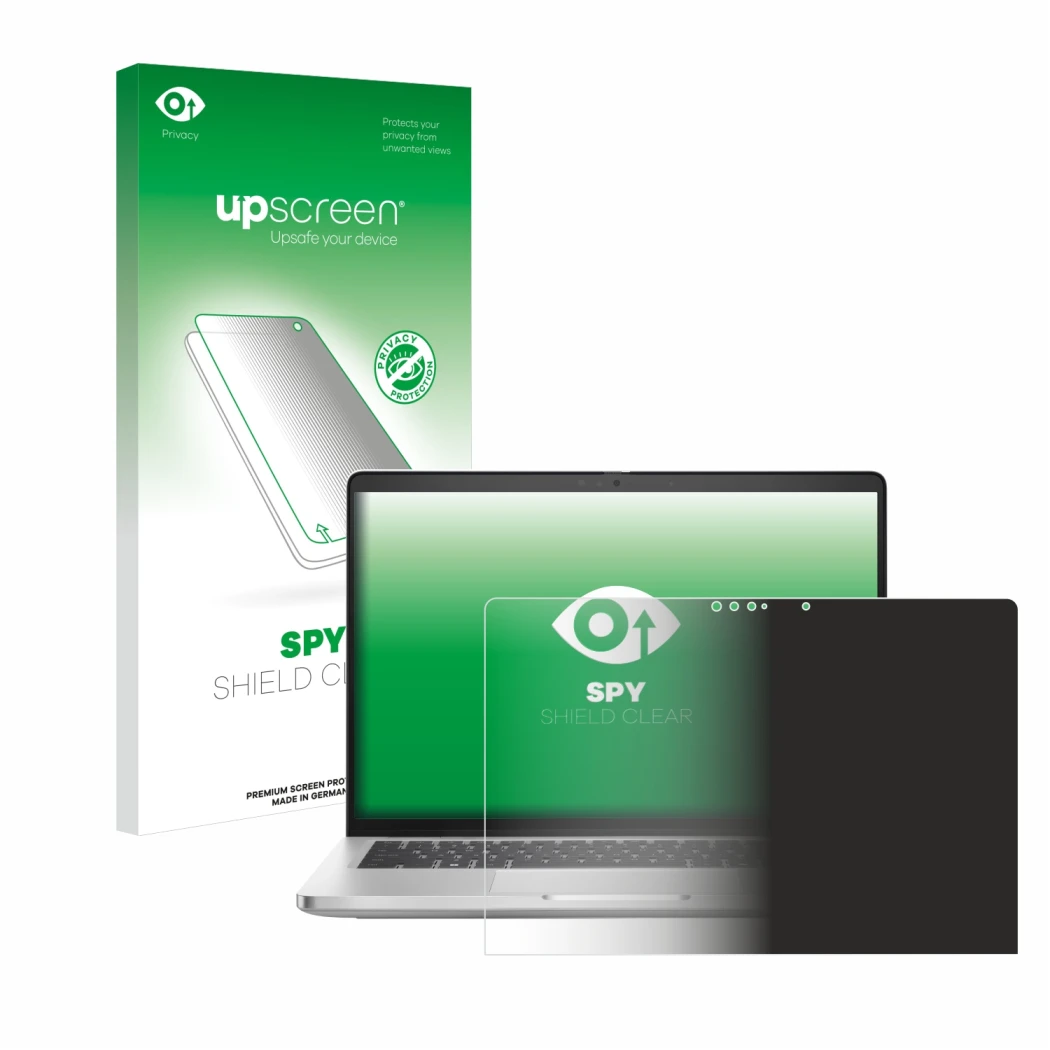 Vorderseite einer Produktverpackung mit dem Markenlogo upscreen. Daneben ist das Gerät Dell Pro 14 Plus 2-in-1 PB14250 mit dem