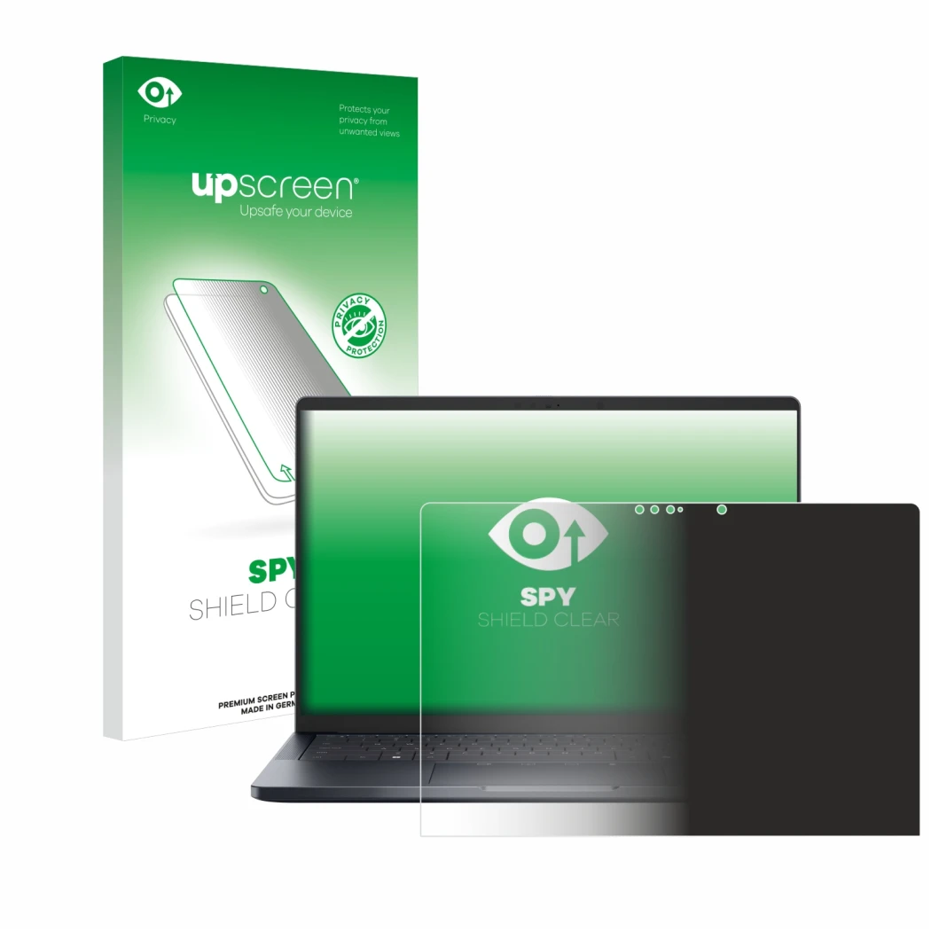 Vorderseite einer Produktverpackung mit dem Markenlogo upscreen. Daneben ist das Gerät Dell Pro 14 Premium PA14250 Touch mit d