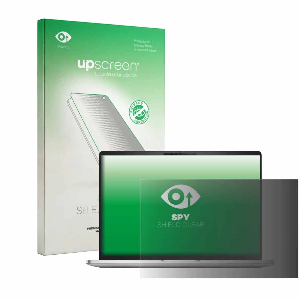 Vorderseite einer Produktverpackung mit dem Markenlogo upscreen. Daneben ist das Gerät Dell Pro 16 Plus PB16250 mit dem zugehö