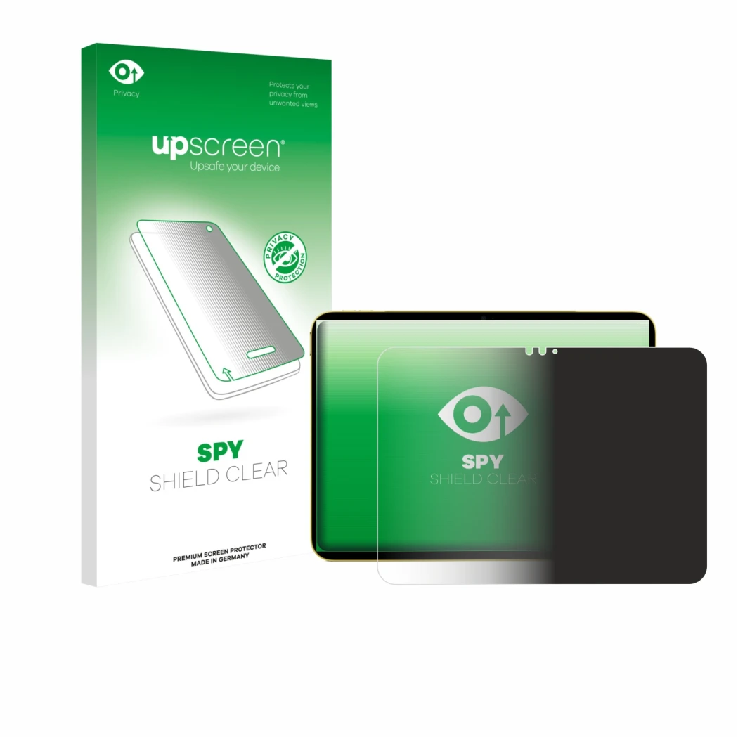 Vorderseite einer Produktverpackung mit dem Markenlogo upscreen. Daneben ist das Gerät Apple iPad Air 11