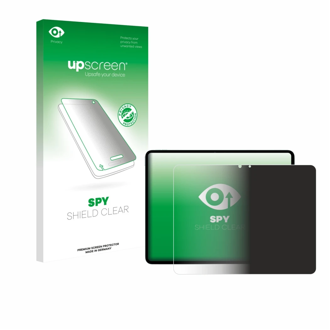 Vorderseite einer Produktverpackung mit dem Markenlogo upscreen. Daneben ist das Gerät Apple iPad Air 13