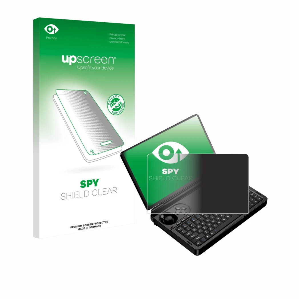 Vorderseite einer Produktverpackung mit dem Markenlogo upscreen. Daneben ist das Gerät GPD Win Mini (2025) mit dem zugehörigen