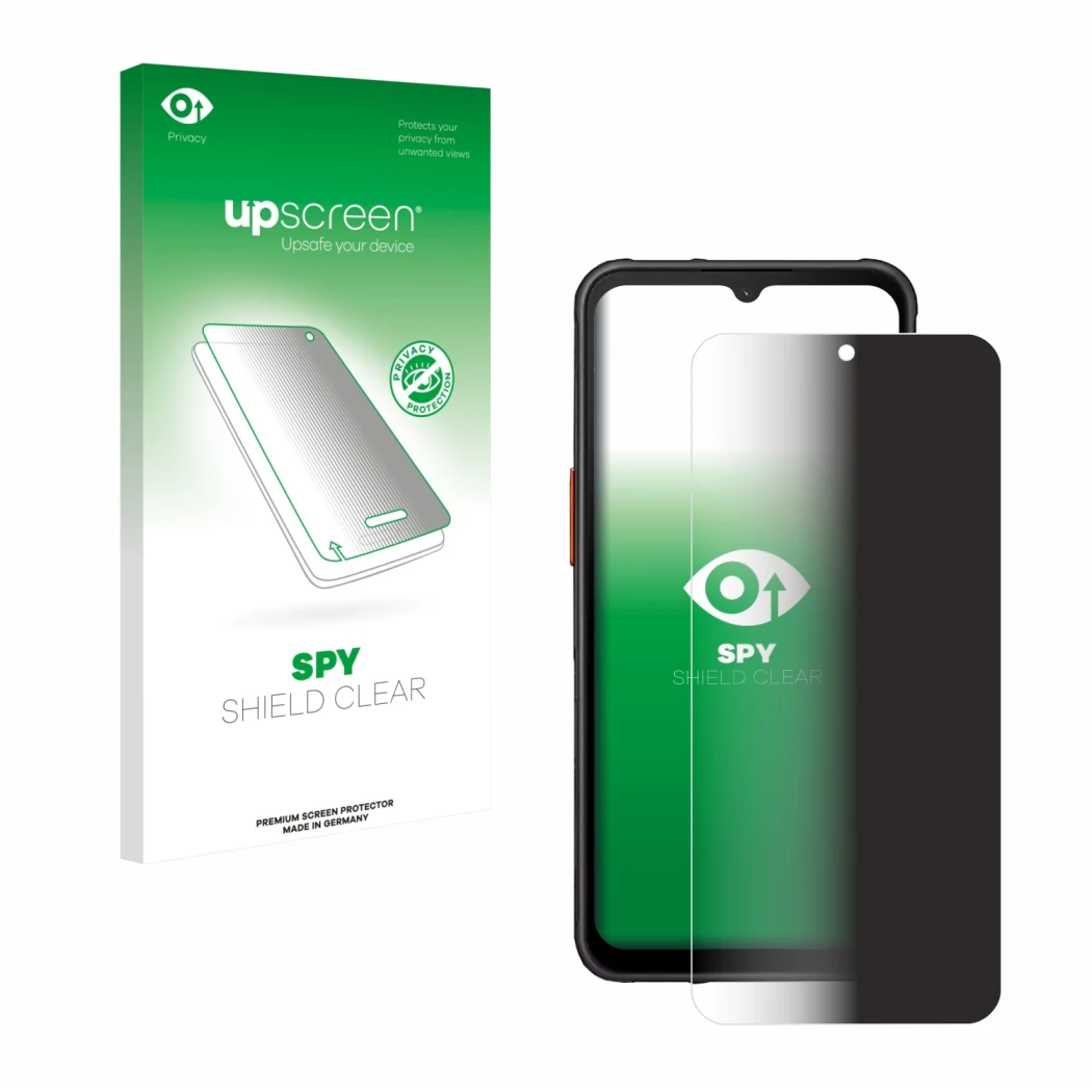 Vorderseite einer Produktverpackung mit dem Markenlogo upscreen. Daneben ist das Gerät Samsung Galaxy XCover 7 Pro mit dem zug