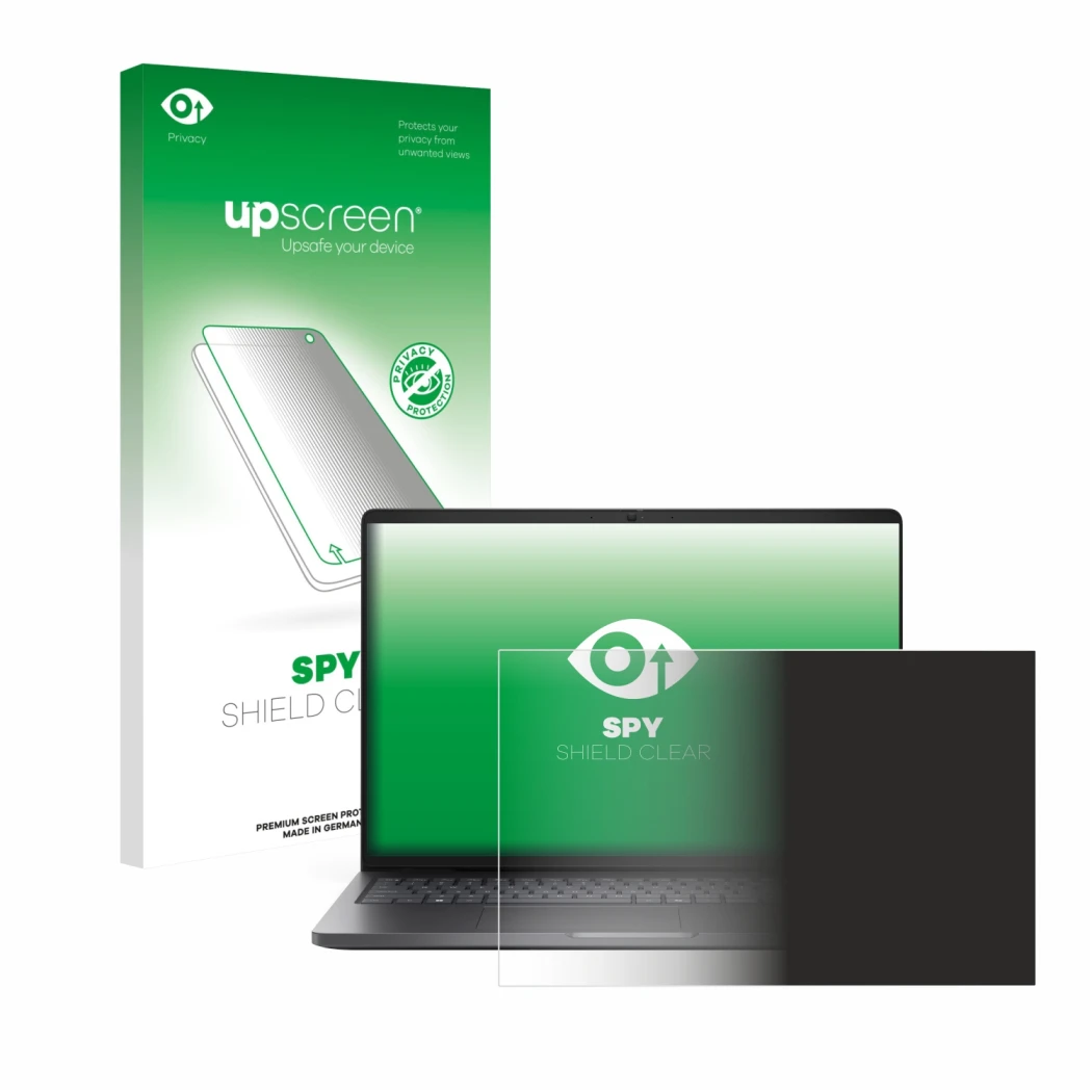 Vorderseite einer Produktverpackung mit dem Markenlogo upscreen. Daneben ist das Gerät Dell Pro 16 PC16250 mit dem zugehörigen
