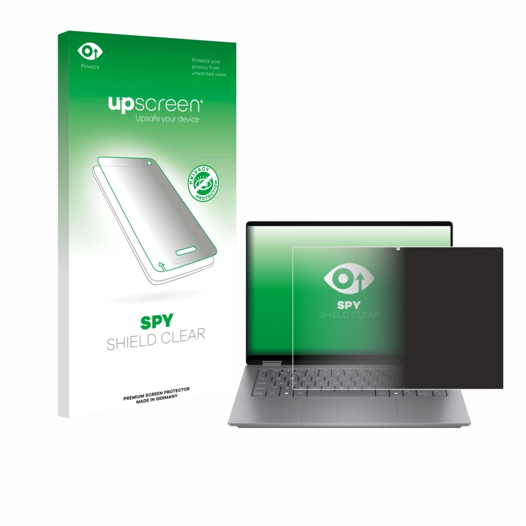Vorderseite einer Produktverpackung mit dem Markenlogo upscreen. Daneben ist das Gerät HP OmniBook X Flip 14 mit dem zugehörig