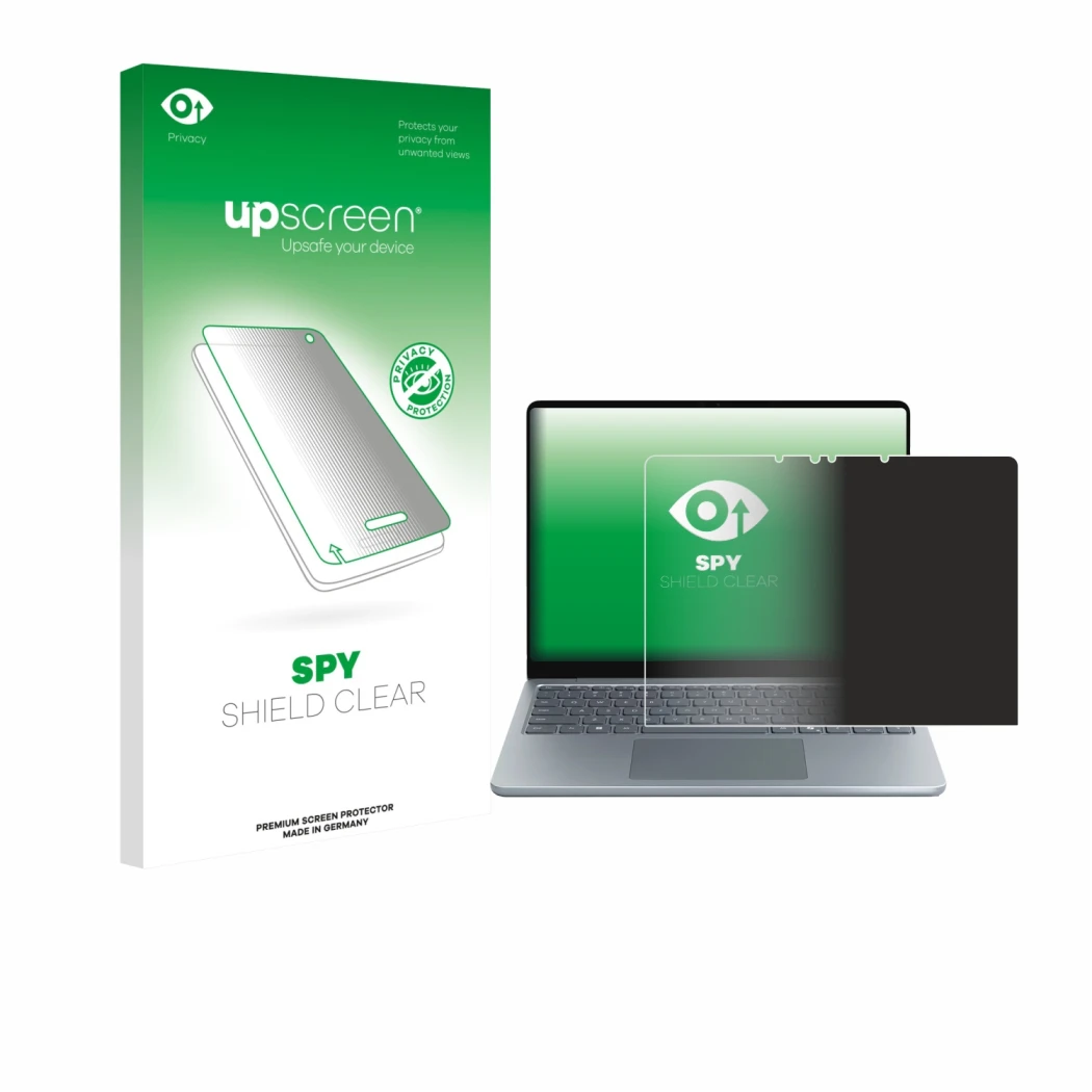 Vorderseite einer Produktverpackung mit dem Markenlogo upscreen. Daneben ist das Gerät Microsoft Surface Laptop 13