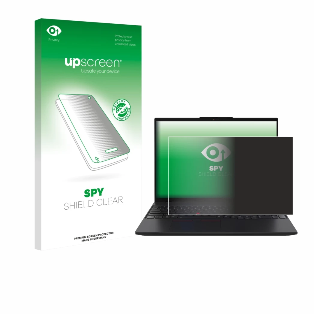 Vorderseite einer Produktverpackung mit dem Markenlogo upscreen. Daneben ist das Gerät Lenovo ThinkPad L16 Gen 2 mit dem zugeh