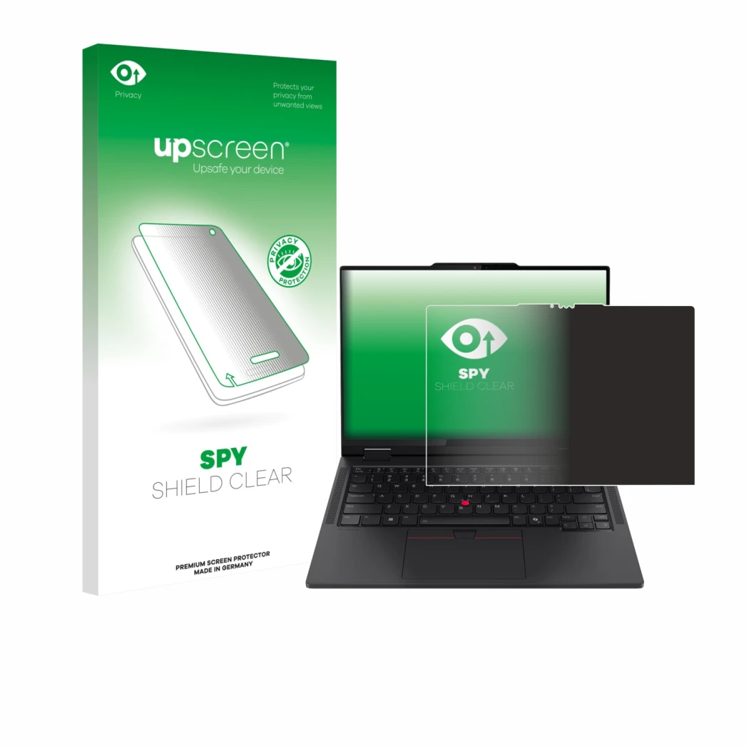 Vorderseite einer Produktverpackung mit dem Markenlogo upscreen. Daneben ist das Gerät Lenovo ThinkPad T14s 2-in-1 mit dem zug