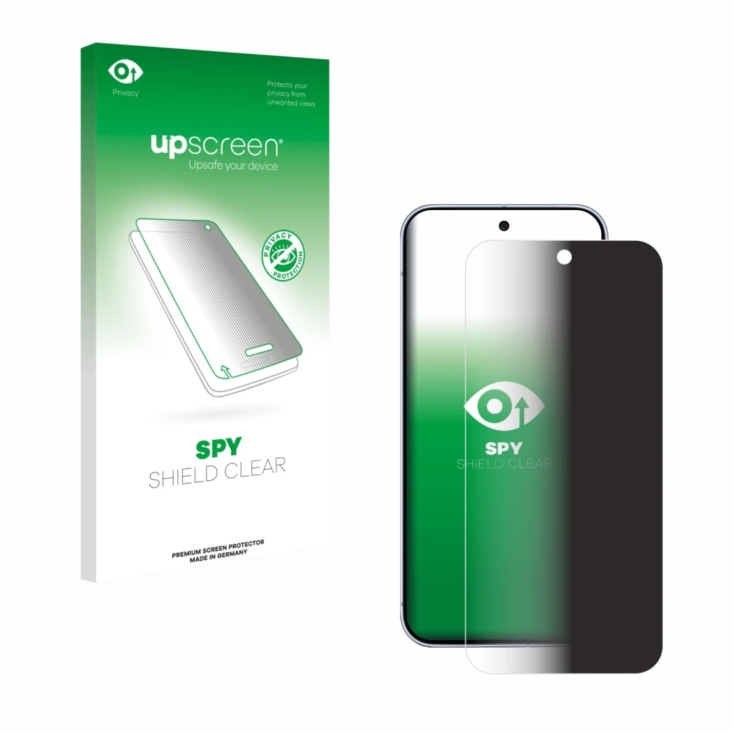 Vorderseite einer Produktverpackung mit dem Markenlogo upscreen. Daneben ist das Gerät Google Pixel 10 Pro XL mit dem zugehöri