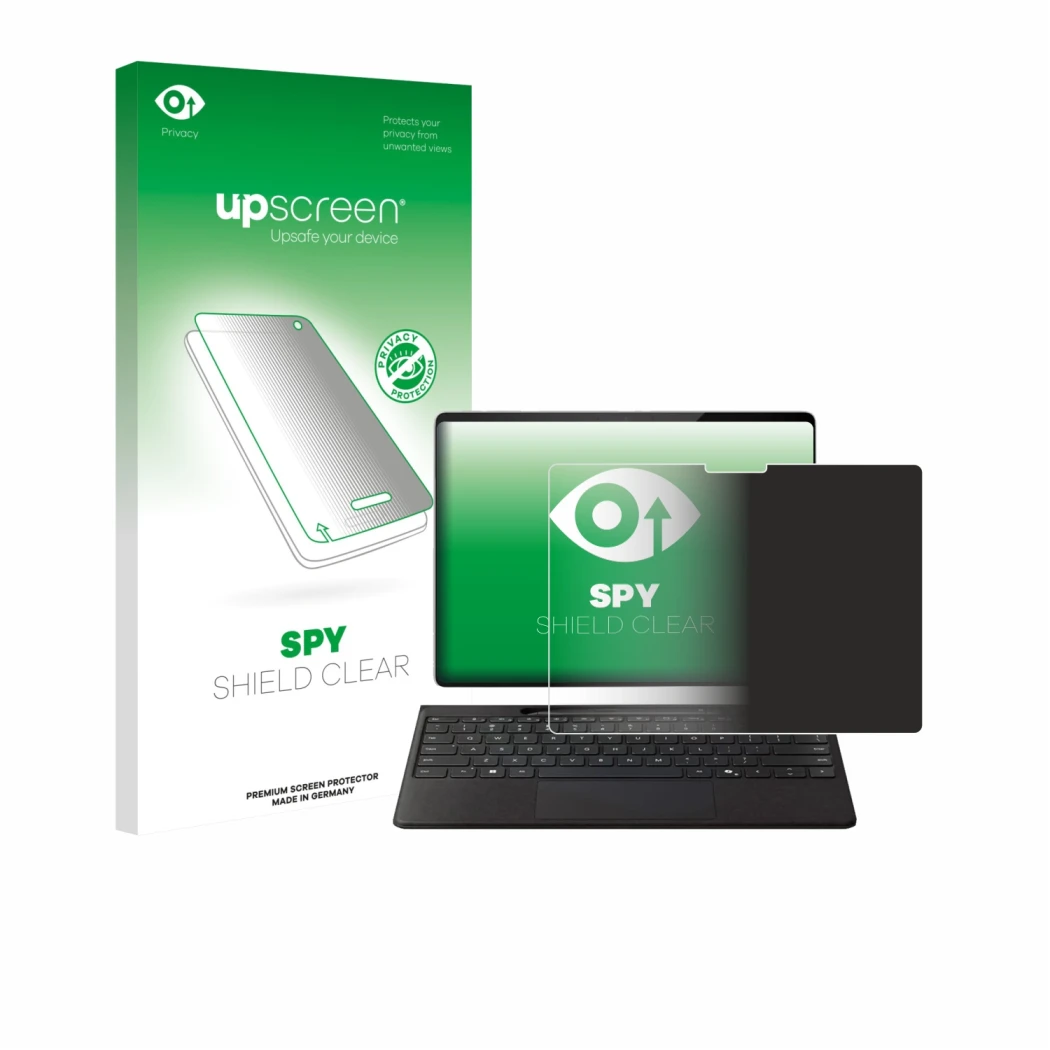 Vorderseite einer Produktverpackung mit dem Markenlogo upscreen. Daneben ist das Gerät Microsoft Surface Pro Copilot+ 13