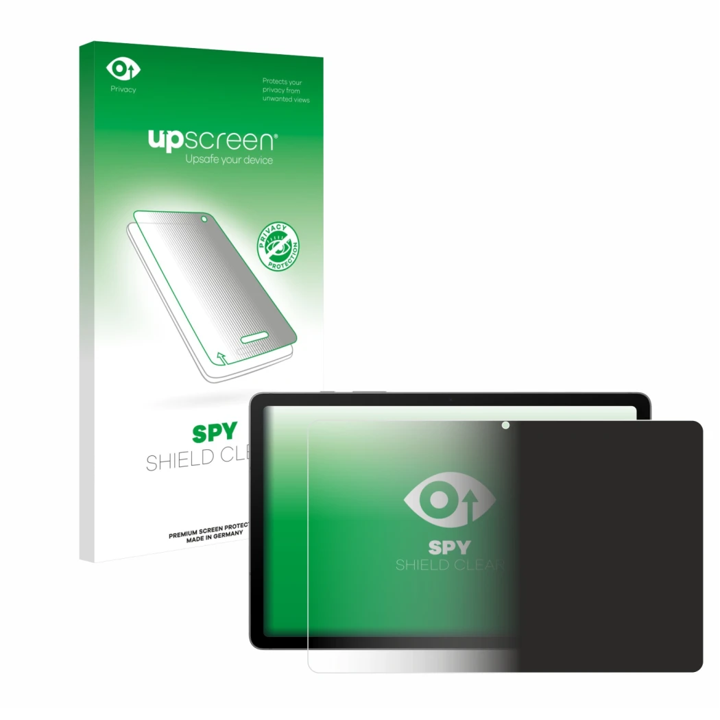 Vorderseite einer Produktverpackung mit dem Markenlogo upscreen. Daneben ist das Gerät Samsung Galaxy Tab S10 Lite mit dem zug