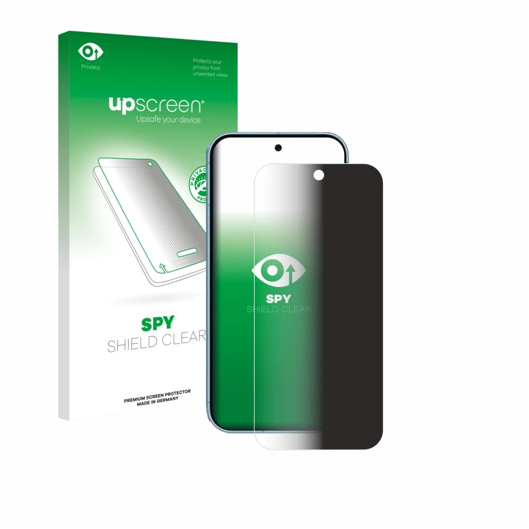 Vorderseite einer Produktverpackung mit dem Markenlogo upscreen. Daneben ist das Gerät Google Pixel 9 (case-friendly) mit dem 