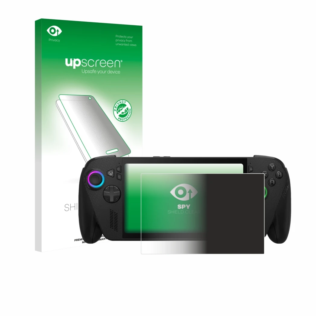 Vorderseite einer Produktverpackung mit dem Markenlogo upscreen. Daneben ist das Gerät ASUS ROG Xbox Ally X mit dem zugehörige