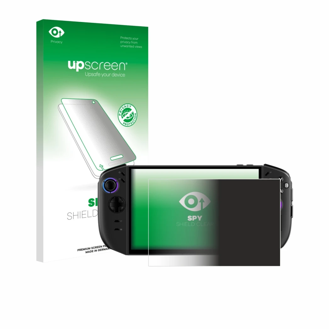 Vorderseite einer Produktverpackung mit dem Markenlogo upscreen. Daneben ist das Gerät Lenovo Legion Go Gen 2 mit dem zugehöri