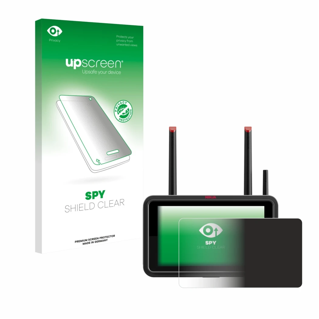 Vorderseite einer Produktverpackung mit dem Markenlogo upscreen. Daneben ist das Gerät Atomos Ninja TX mit dem zugehörigen Dis