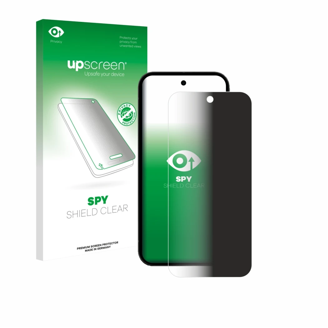 Vorderseite einer Produktverpackung mit dem Markenlogo upscreen. Daneben ist das Gerät Google Pixel 10a (case-friendly) mit de