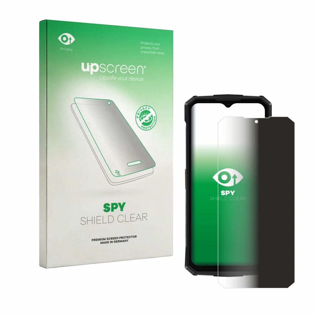 Vorderseite einer Produktverpackung mit dem Markenlogo upscreen. Daneben ist das Gerät Doogee Fire 5 Pro mit dem zugehörigen D