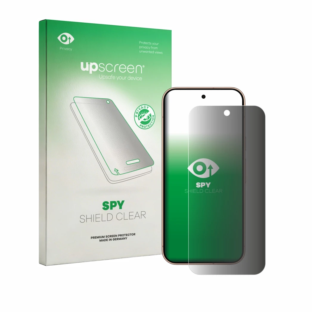 Vorderseite einer Produktverpackung mit dem Markenlogo upscreen. Daneben ist das Gerät Google Pixel 11 Pro mit dem zugehörigen