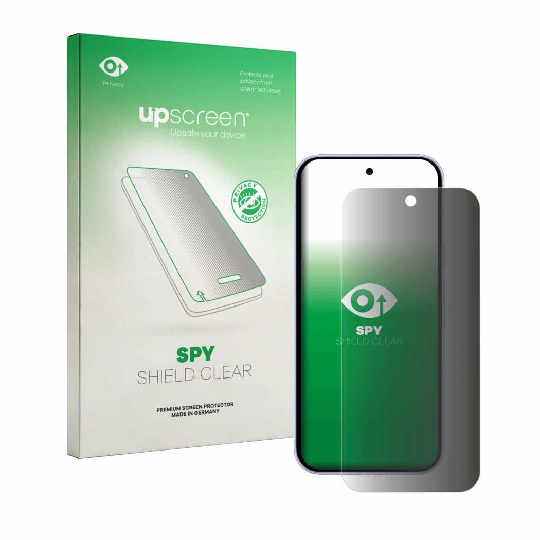 Vorderseite einer Produktverpackung mit dem Markenlogo upscreen. Daneben ist das Gerät Google Pixel 11 mit dem zugehörigen Dis