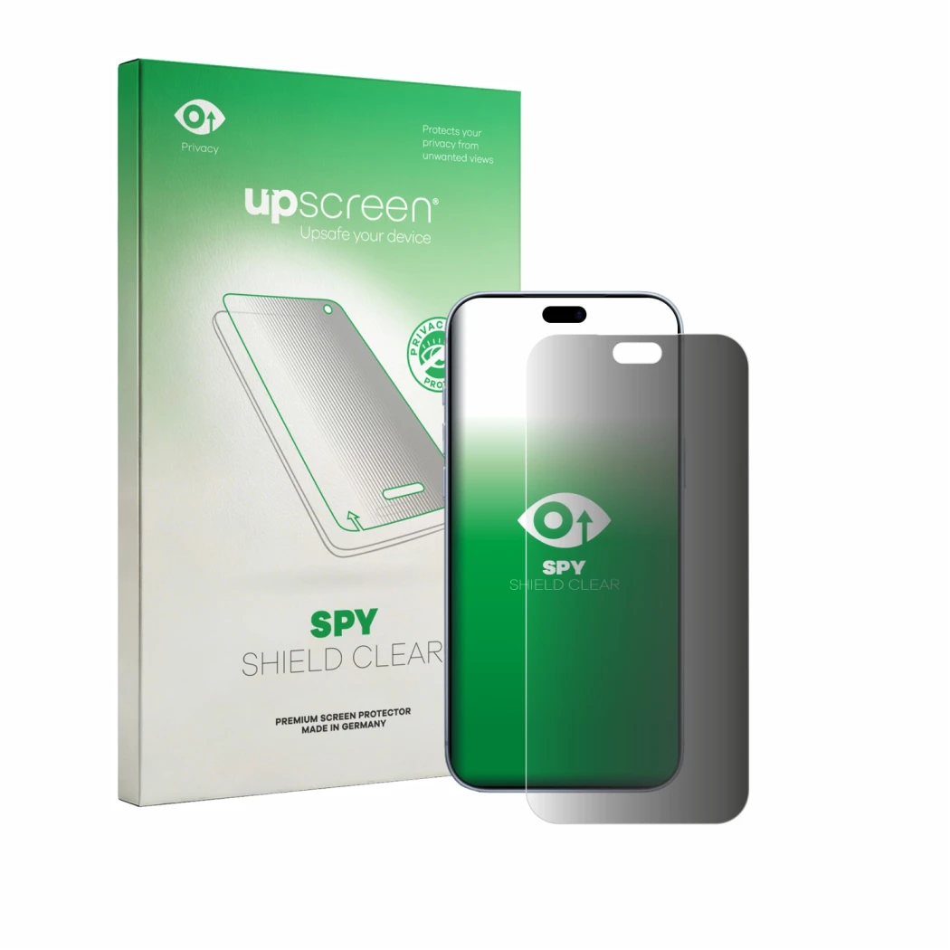 Vorderseite einer Produktverpackung mit dem Markenlogo upscreen. Daneben ist das Gerät Apple iPhone 18 Pro Max mit dem zugehör