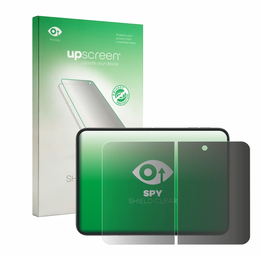 Vorderseite einer Produktverpackung mit dem Markenlogo upscreen. Daneben ist das Gerät Apple iPhone Duo (Inneres Display) mit 