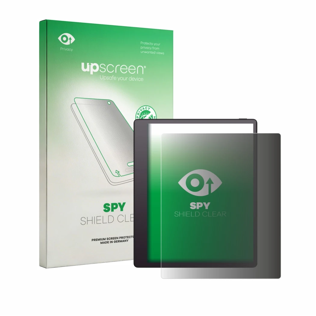Vorderseite einer Produktverpackung mit dem Markenlogo upscreen. Daneben ist das Gerät Boox Note Mini C mit dem zugehörigen Di