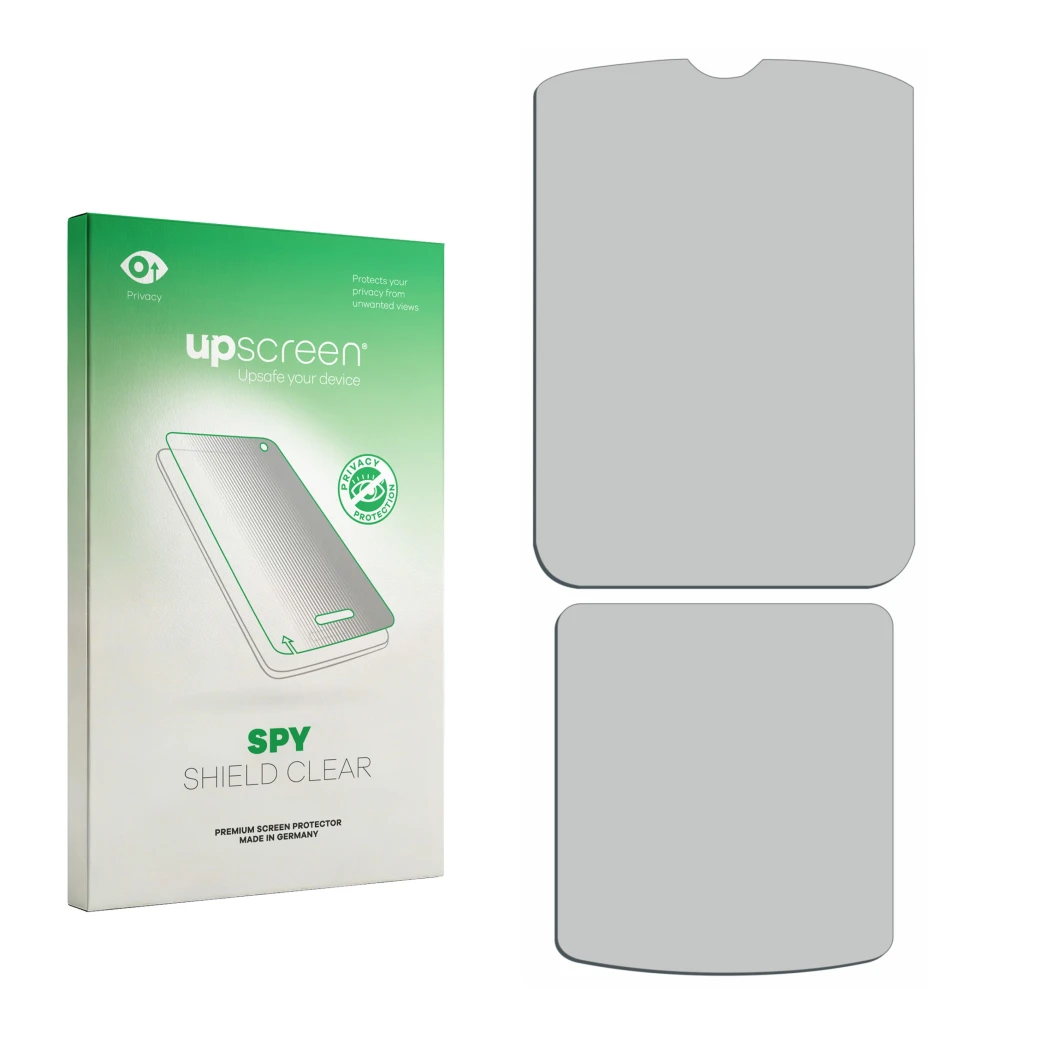 Vorderseite einer Produktverpackung mit dem Markenlogo upscreen. Daneben ist der zugehörige Displayschutz.
