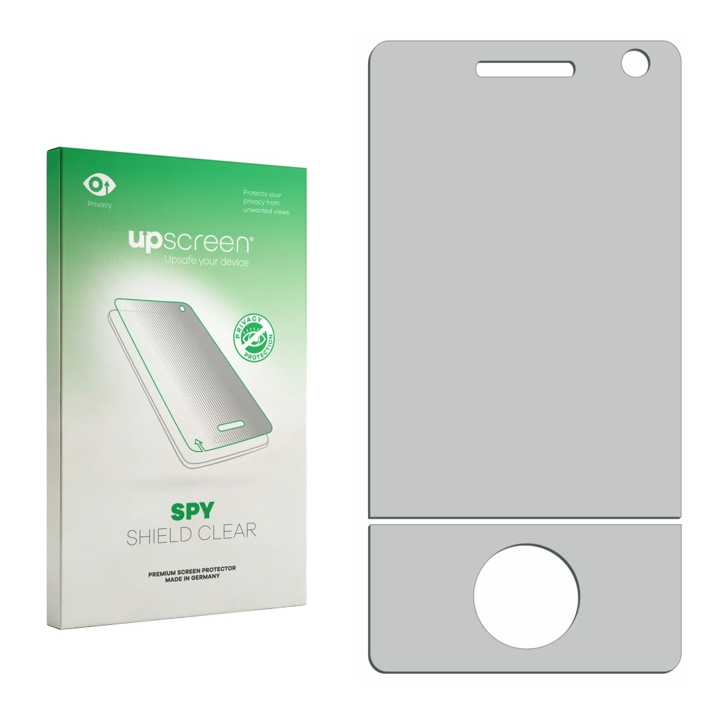 Vorderseite einer Produktverpackung mit dem Markenlogo upscreen. Daneben ist der zugehörige Displayschutz.