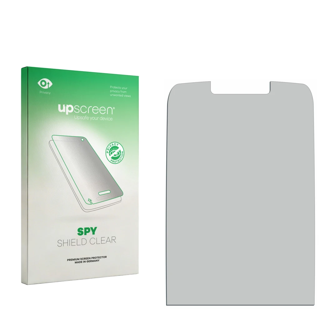 Vorderseite einer Produktverpackung mit dem Markenlogo upscreen. Daneben ist der zugehörige Displayschutz.