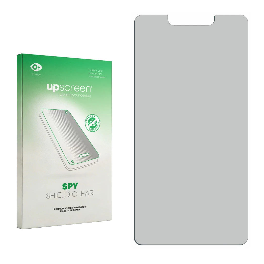 Vorderseite einer Produktverpackung mit dem Markenlogo upscreen. Daneben ist der zugehörige Displayschutz.