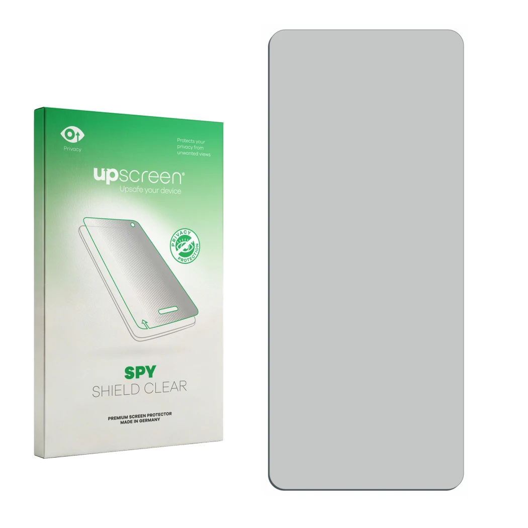 Vorderseite einer Produktverpackung mit dem Markenlogo upscreen. Daneben ist der zugehörige Displayschutz.