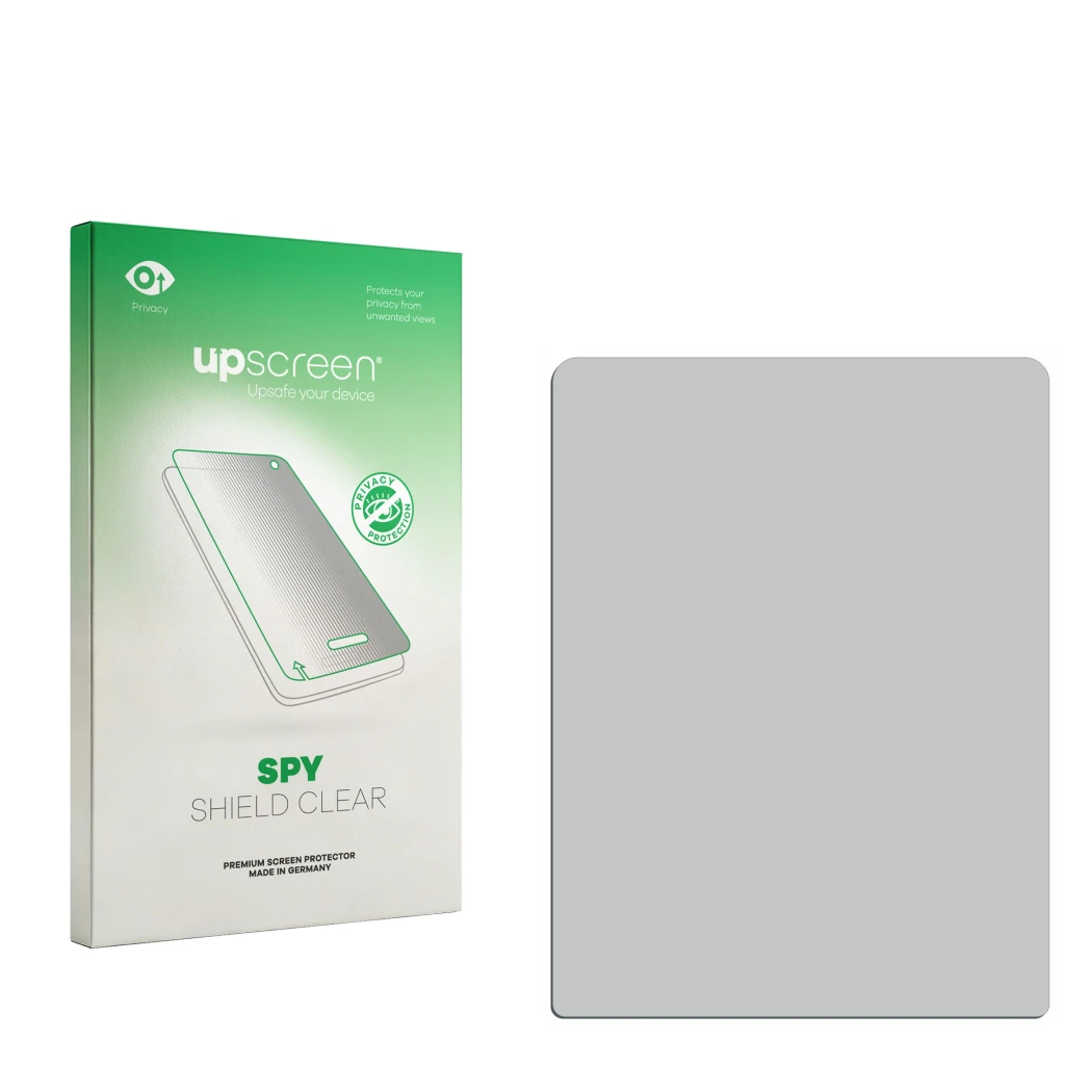 Vorderseite einer Produktverpackung mit dem Markenlogo upscreen. Daneben ist der zugehörige Displayschutz.