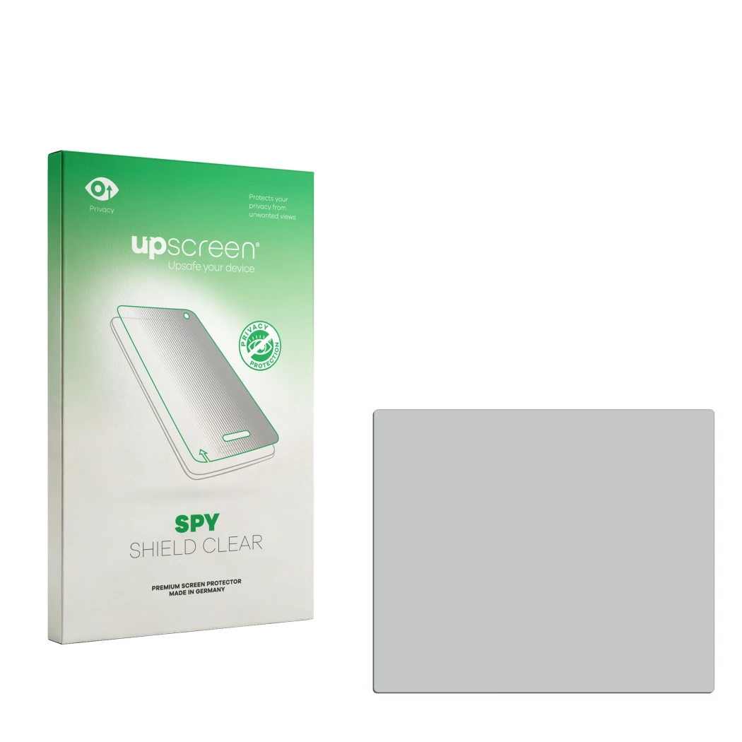 Vorderseite einer Produktverpackung mit dem Markenlogo upscreen. Daneben ist der zugehörige Displayschutz.