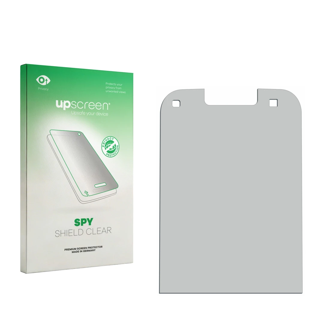 Vorderseite einer Produktverpackung mit dem Markenlogo upscreen. Daneben ist der zugehörige Displayschutz.