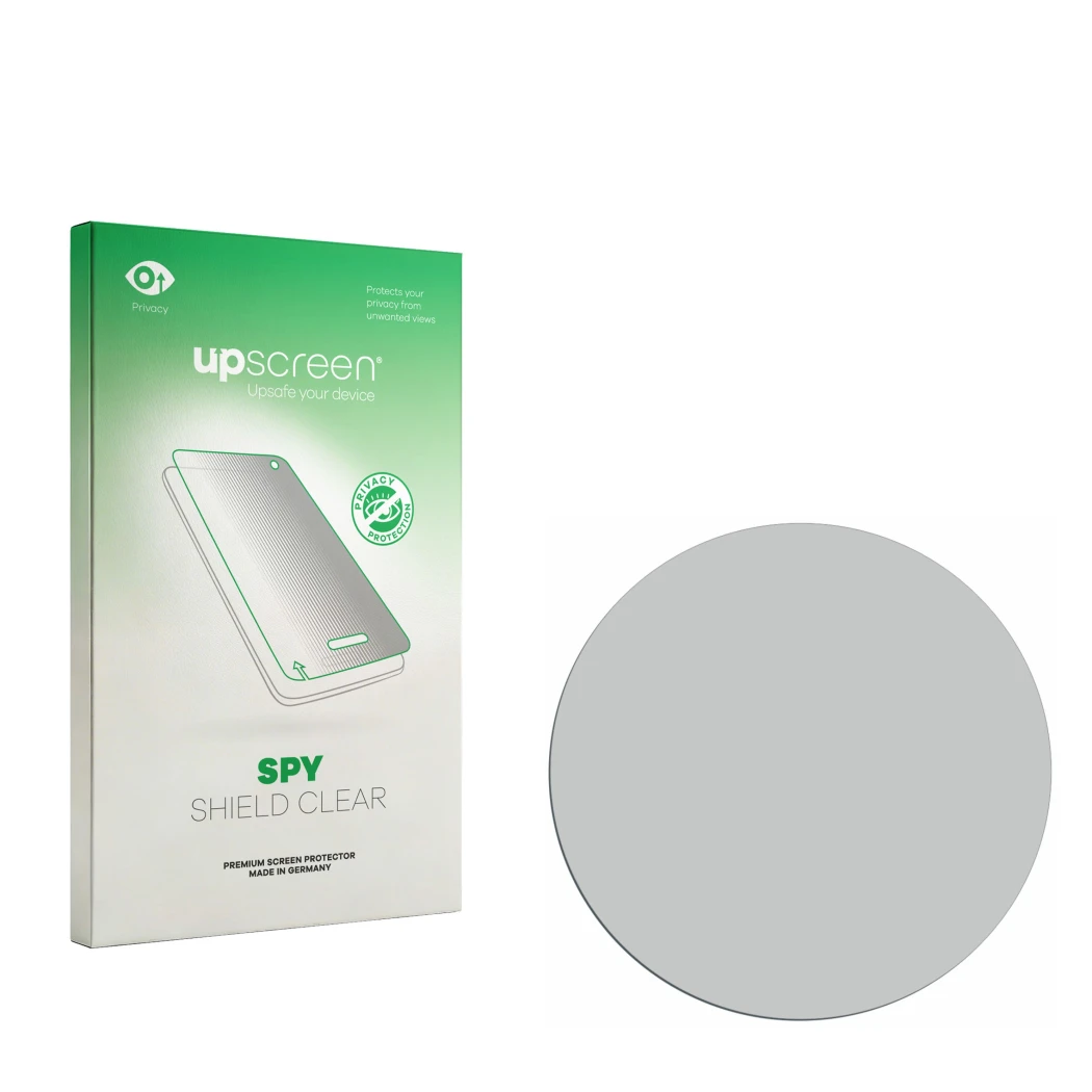 Vorderseite einer Produktverpackung mit dem Markenlogo upscreen. Daneben ist der zugehörige Displayschutz.
