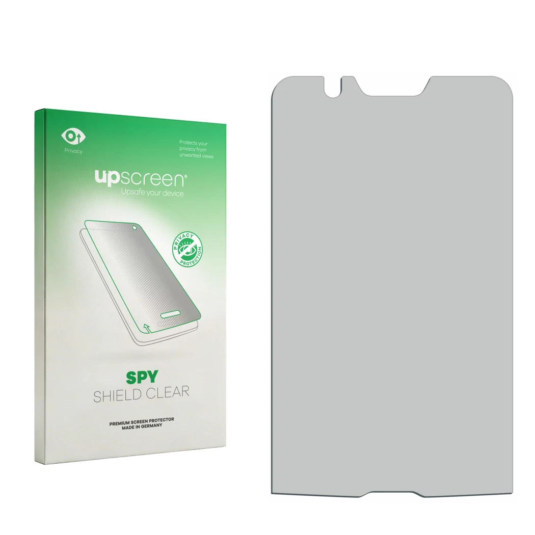 Vorderseite einer Produktverpackung mit dem Markenlogo upscreen. Daneben ist der zugehörige Displayschutz.