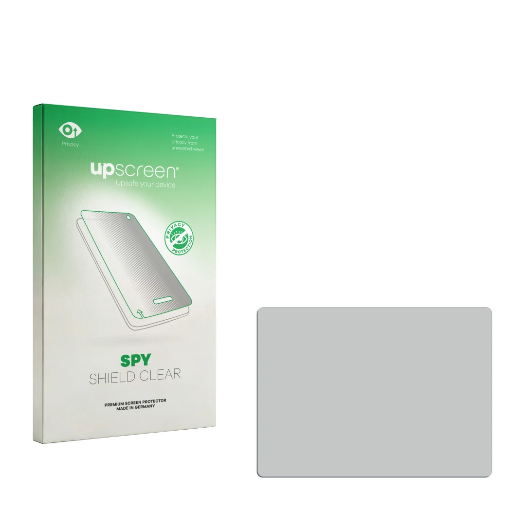Vorderseite einer Produktverpackung mit dem Markenlogo upscreen. Daneben ist der zugehörige Displayschutz.