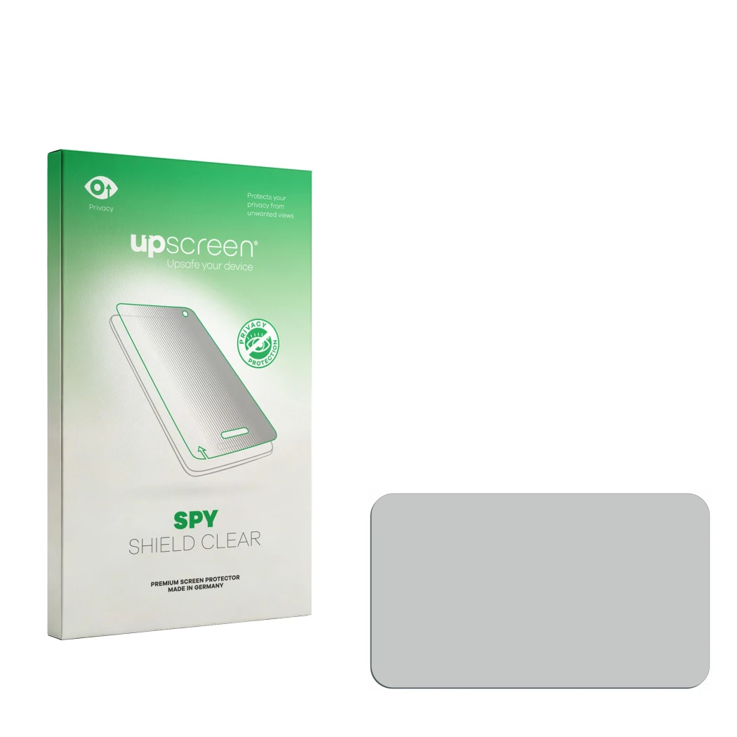 Vorderseite einer Produktverpackung mit dem Markenlogo upscreen. Daneben ist der zugehörige Displayschutz.
