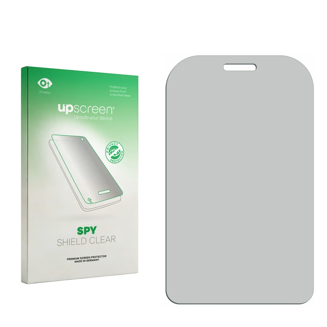 Vorderseite einer Produktverpackung mit dem Markenlogo upscreen. Daneben ist der zugehörige Displayschutz.