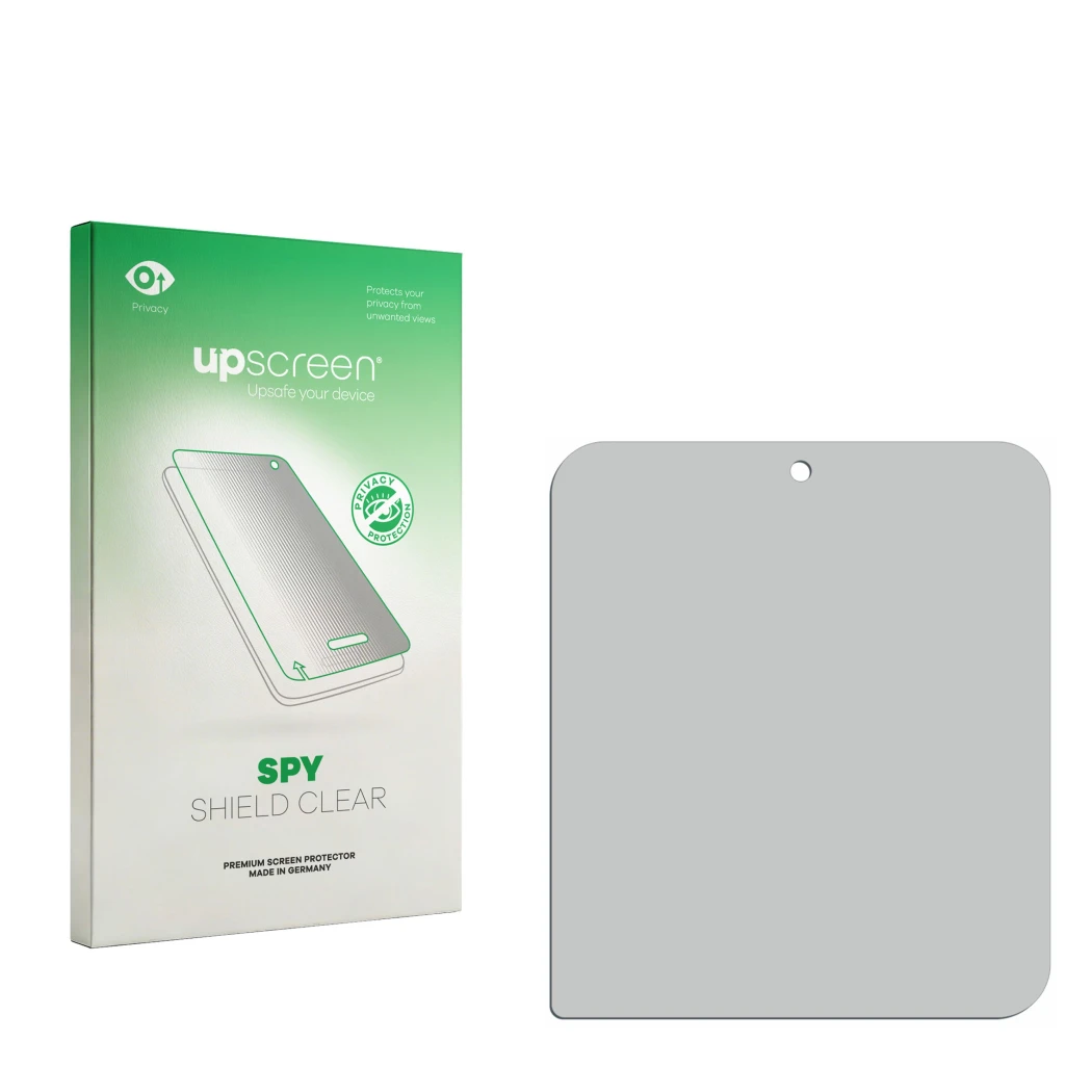 Vorderseite einer Produktverpackung mit dem Markenlogo upscreen. Daneben ist der zugehörige Displayschutz.