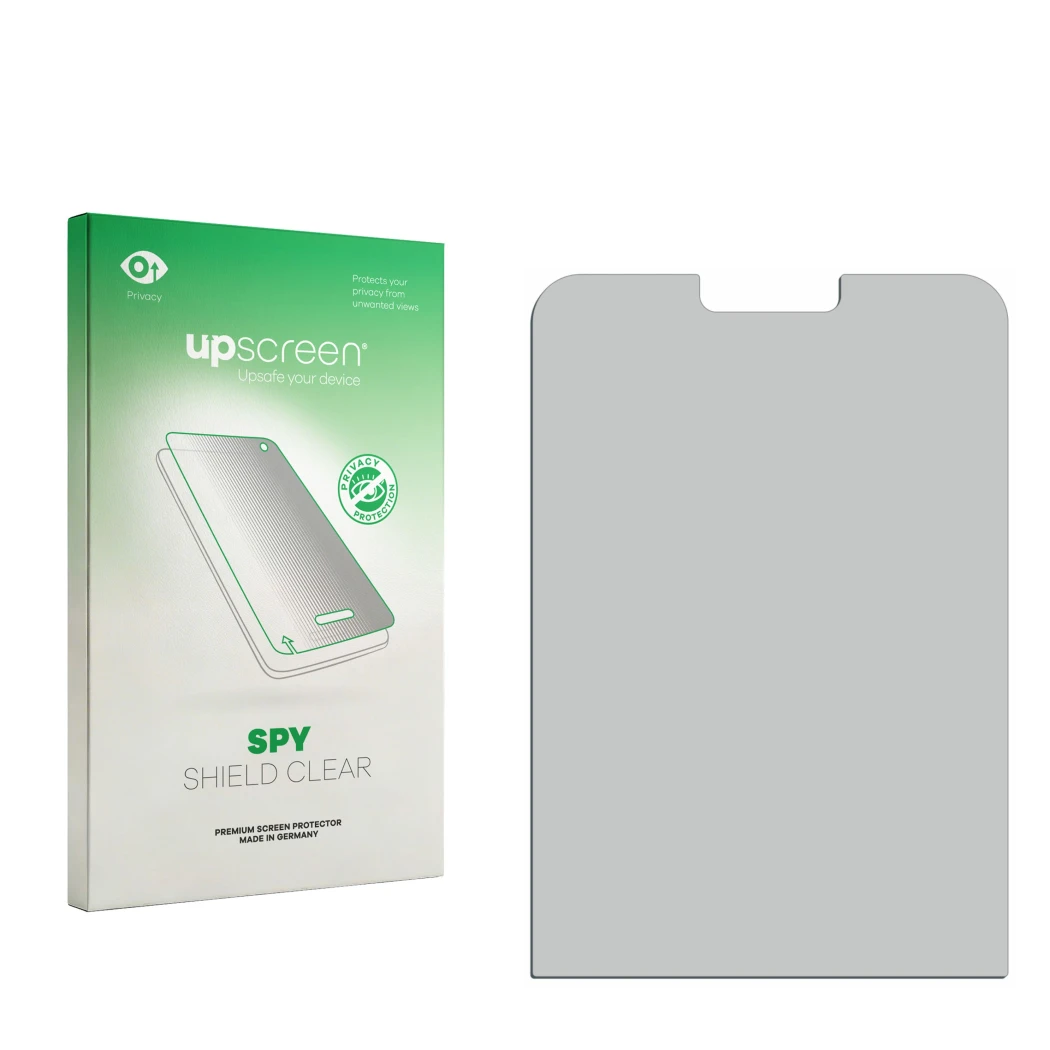 Vorderseite einer Produktverpackung mit dem Markenlogo upscreen. Daneben ist der zugehörige Displayschutz.