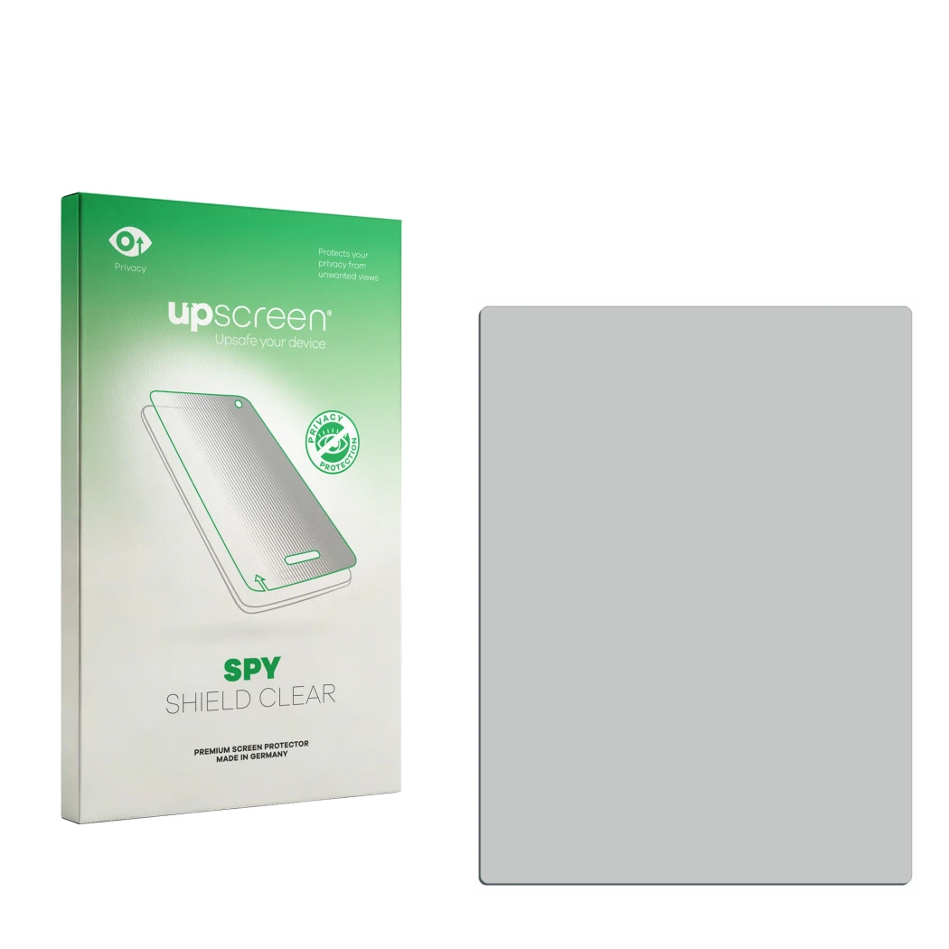 Vorderseite einer Produktverpackung mit dem Markenlogo upscreen. Daneben ist der zugehörige Displayschutz.