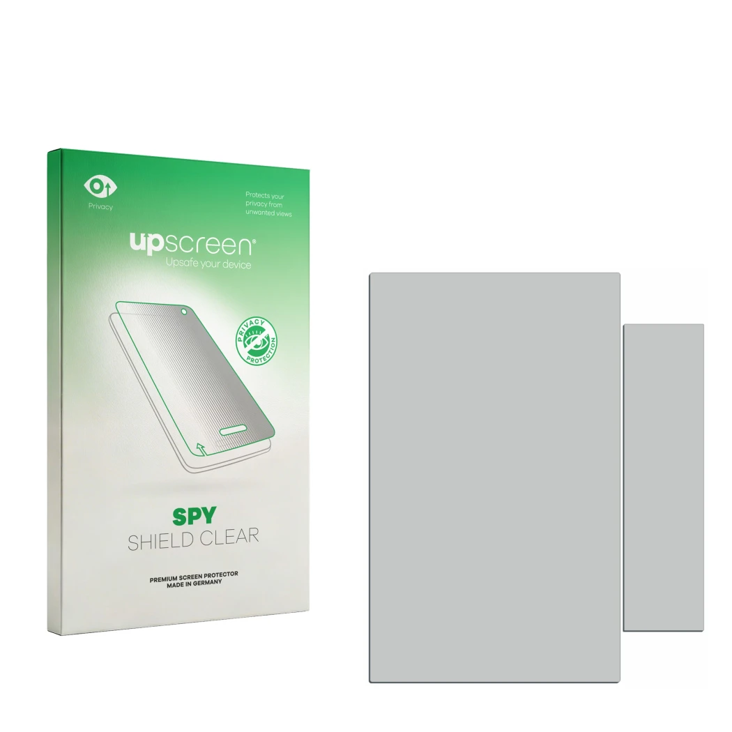 Vorderseite einer Produktverpackung mit dem Markenlogo upscreen. Daneben ist der zugehörige Displayschutz.