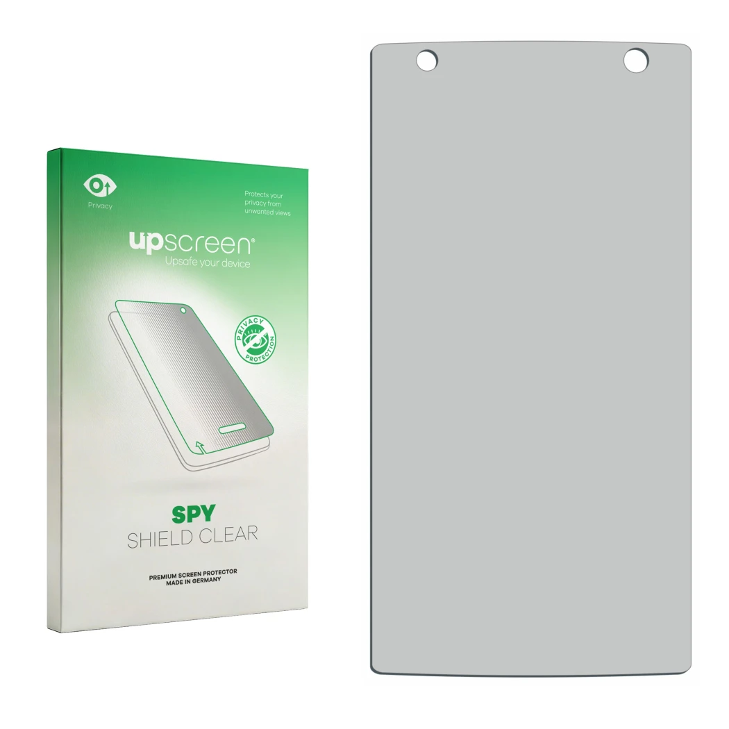 Vorderseite einer Produktverpackung mit dem Markenlogo upscreen. Daneben ist der zugehörige Displayschutz.
