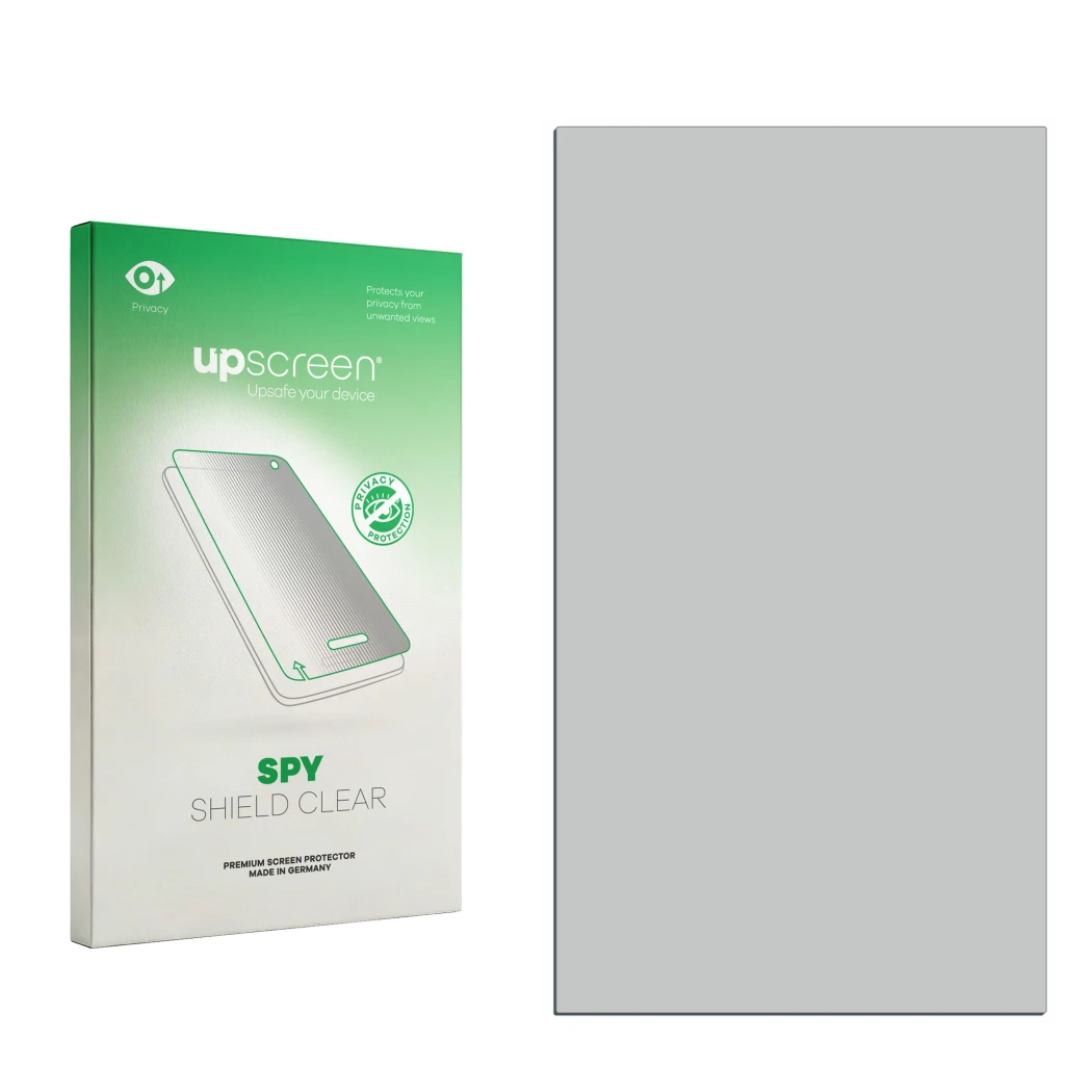 Vorderseite einer Produktverpackung mit dem Markenlogo upscreen. Daneben ist der zugehörige Displayschutz.