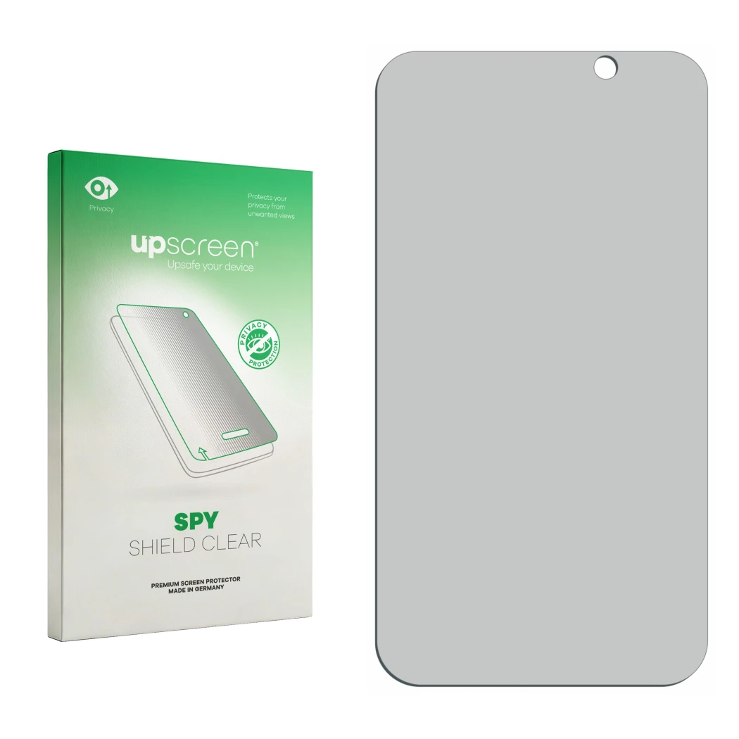 Vorderseite einer Produktverpackung mit dem Markenlogo upscreen. Daneben ist der zugehörige Displayschutz.