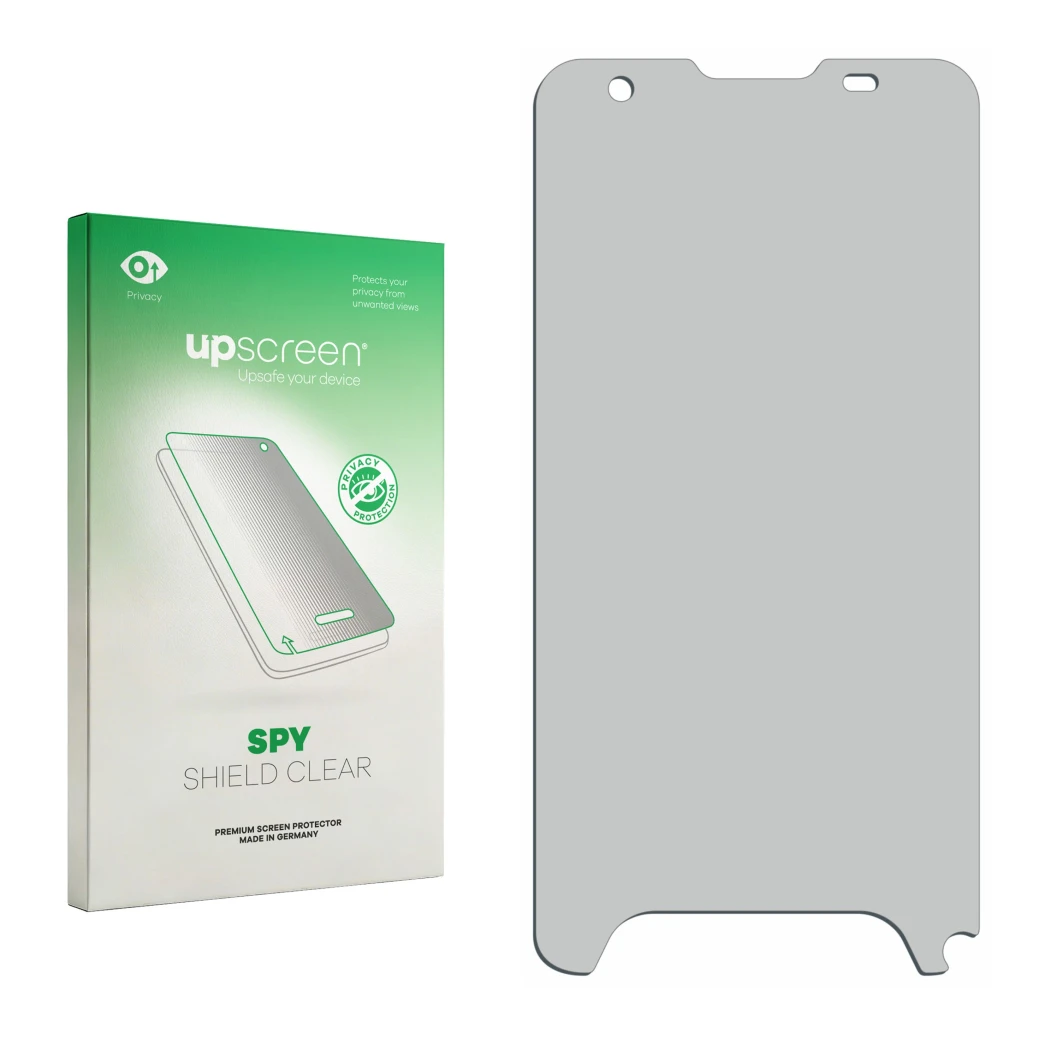 Vorderseite einer Produktverpackung mit dem Markenlogo upscreen. Daneben ist der zugehörige Displayschutz.